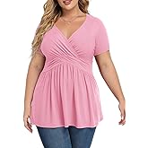 TIANZHU Women's Plus Size Dressy Tops Wrap Shirt Short Sleeve Tunic Top V Neck Low Cut Cute Blouse