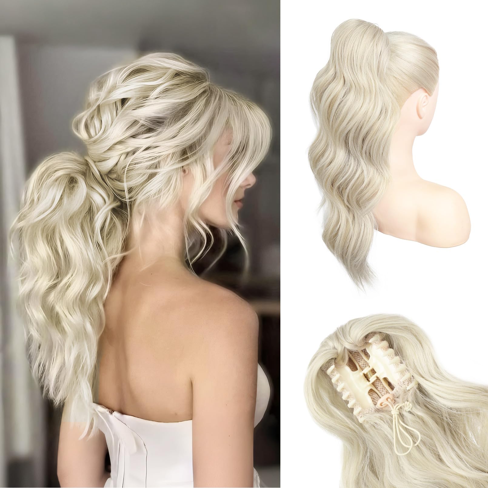 Photo 1 of HOOJIH Clip in Ponytail Extension, Ponytail Extension 18 Inch Hair Ponytail Extension Wavy Ponytail Fluffy Soft Clip on Ponytail Synthetic Fiber Ponytail Hair Pieces for Women - White Blonde