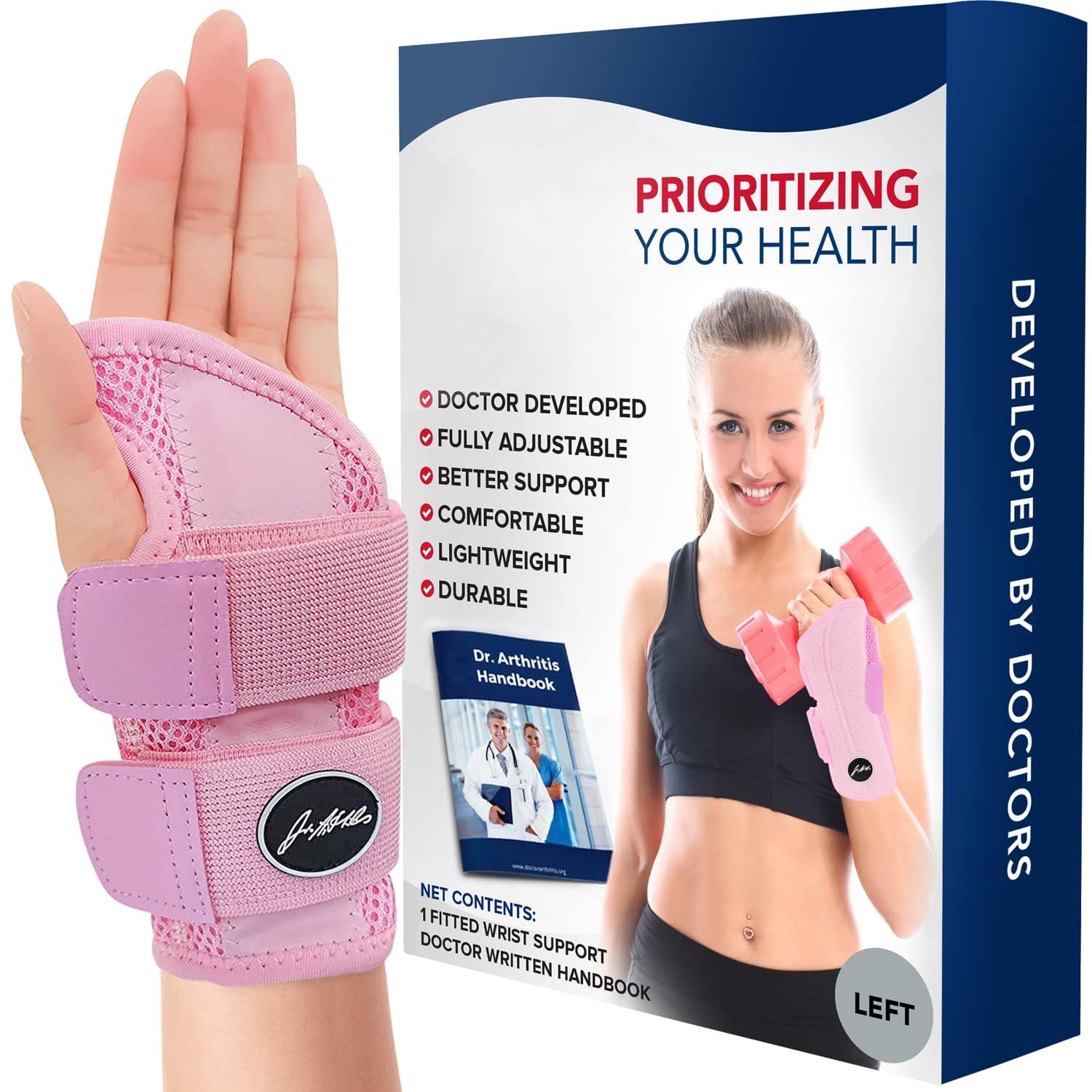 Dr.Arthritis Doctor Developed Comfy & Doctor Handbook, Lightweight,Wrist Support-Strap-Brace-Hand Support, Perfect Fit For Left Hand, For Men And Women Single, Pink