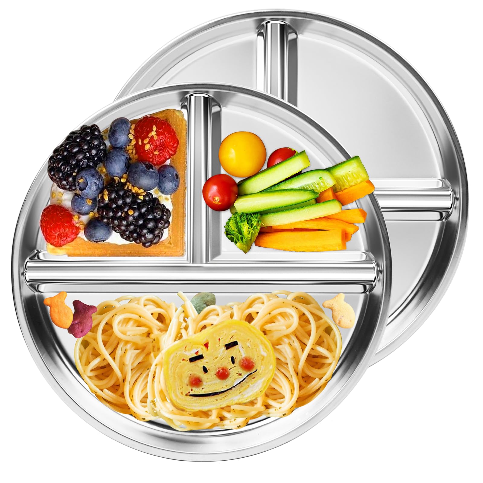 Photo 1 of Bakpoco Stainless Steel Kids Plates 2 Packs, 9" Toddlers Divided Plates, Portion Control Plate for Bariatric Adults, Non Toxic Unbreakable Baby Dinner Dishes, 304 Metal Camping Food Tray