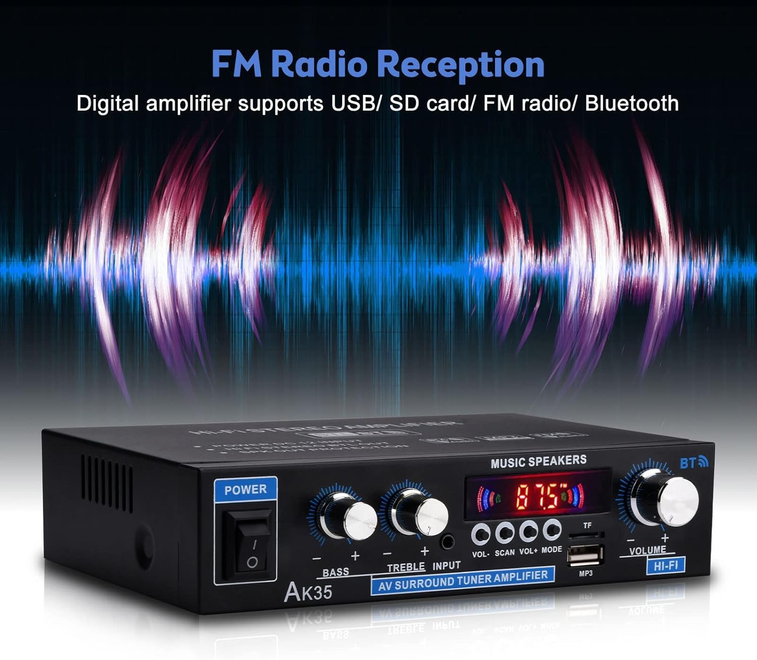 AK35 Home Audio Amplifier Receiver, 200W Home Dual Channel Bluetooth 5.0 Sound Speaker AMP, Home Amplifiers FM Radio/USB/SD/Card w/Remote Control Home Theater Audio Stereo System Components