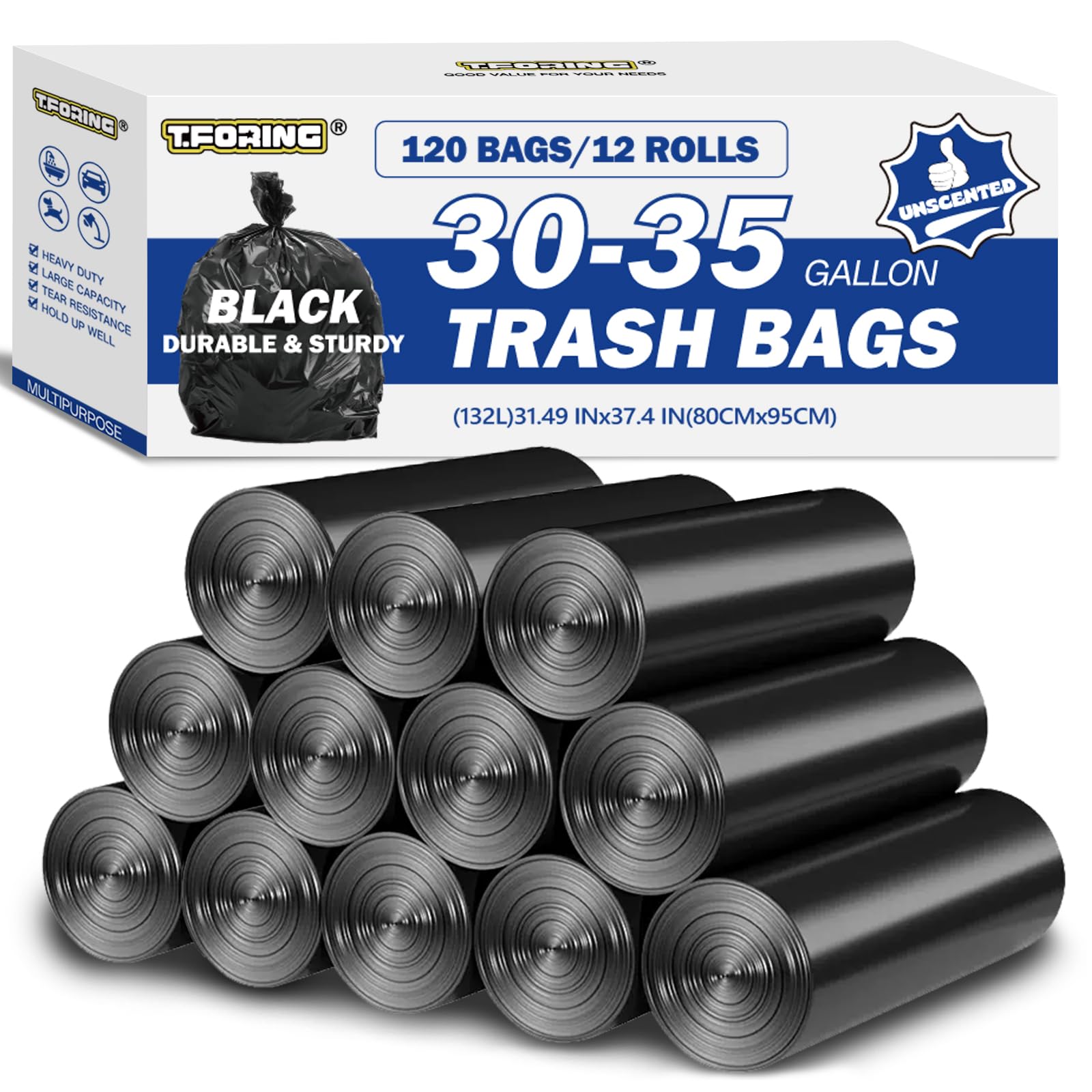 Photo 1 of 30-35 Gallon Black Trash Bags 120 Count - 32" x 37" Large Garbage Bags, 30+ Gallon Strong Trash Can Liners for Home, Commercial Use,Yard Waste, Bulk