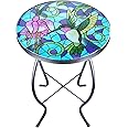 VCUTEKA Mosaic Patio Side Table Outdoor Accent Table Bistro Coffee Table Plant End Table Small Porch Table Indoor Round Glass Balcony Hummingbird Plant Table Stands