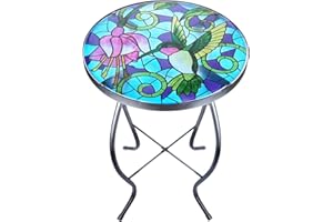 VCUTEKA Mosaic Patio Side Table Outdoor Accent Table Bistro Coffee Table Plant End Table Small Porch Table Indoor Round Glass Balcony Hummingbird Plant Table Stands