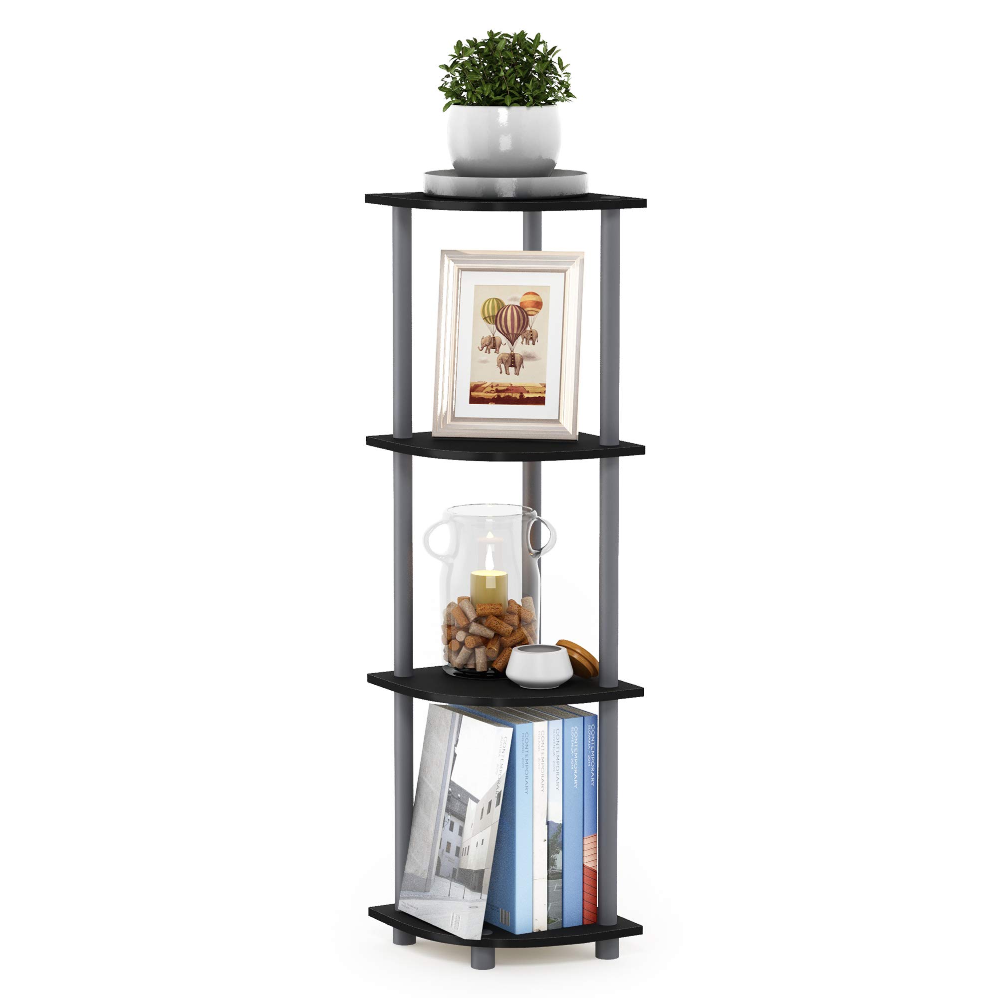 Furinno TURN-N-TUBE Corner Shelf, 4-Tier Corner Bookshelf, Display Storage Shelves with Open Shelves, for Organization and Storage, Living Room, Home Office, Garage, Black