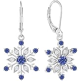 Vesitim Snowflake Earrings for Women 925 Sterling Silver Winter Dangle Drop Earrings Birthstone Leverback Jewelry for Christmas