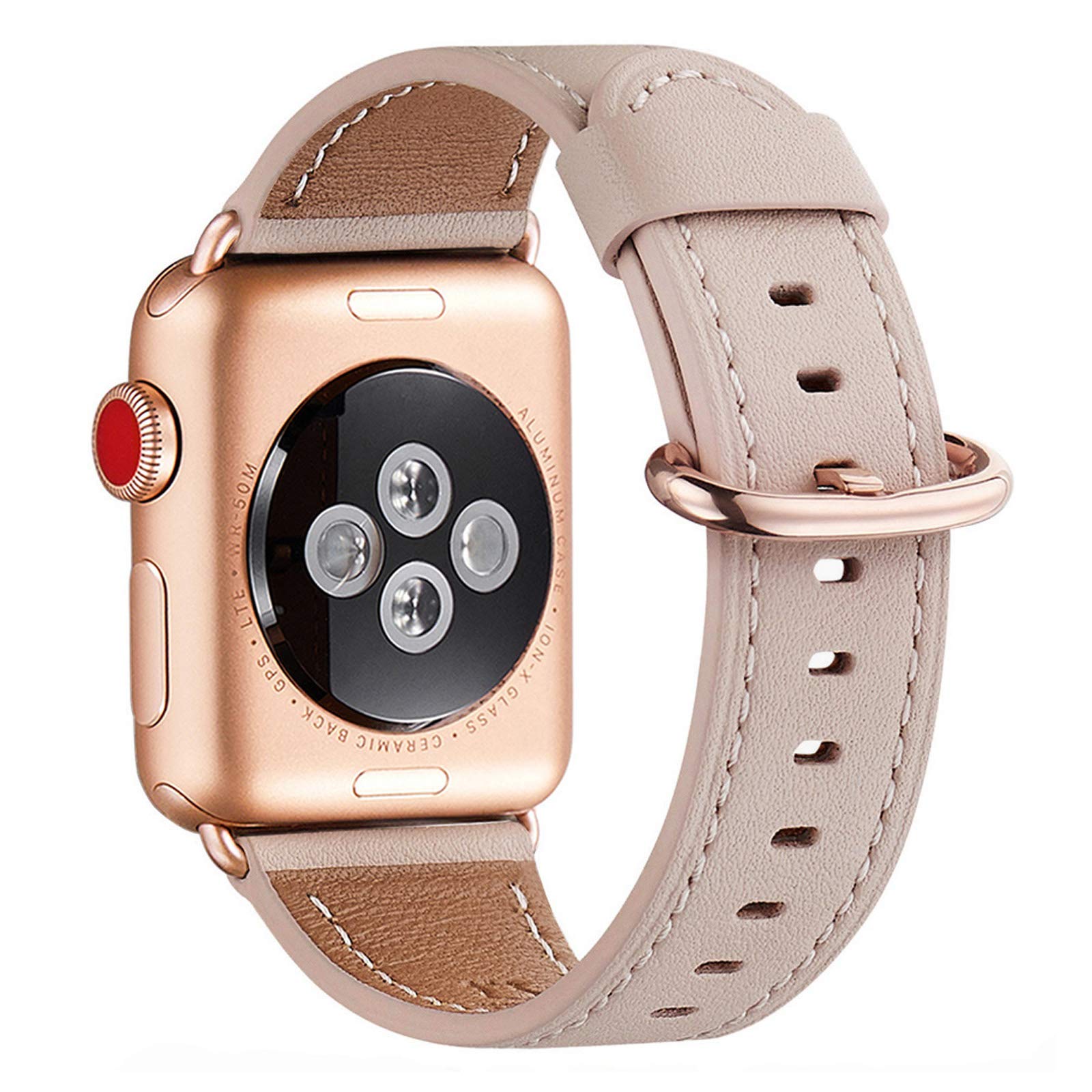 WFEAGL Compatible for Watch Strap 38mm 40mm 41mm,42mm 44mm 45mm,Many Colours of Top Grain Leather Band Replacement Strap with Watch Series 8/7/6/5/4/3/2/1(42mm 44mm, Pink Sand Band+RoseGold Adapter) โ image 1