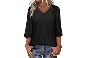 KISSMODA Womens T Shirts Casual Tunics Tops 3/4 Puff Sleeve Satin Blouse Elegant Office Work Shirt