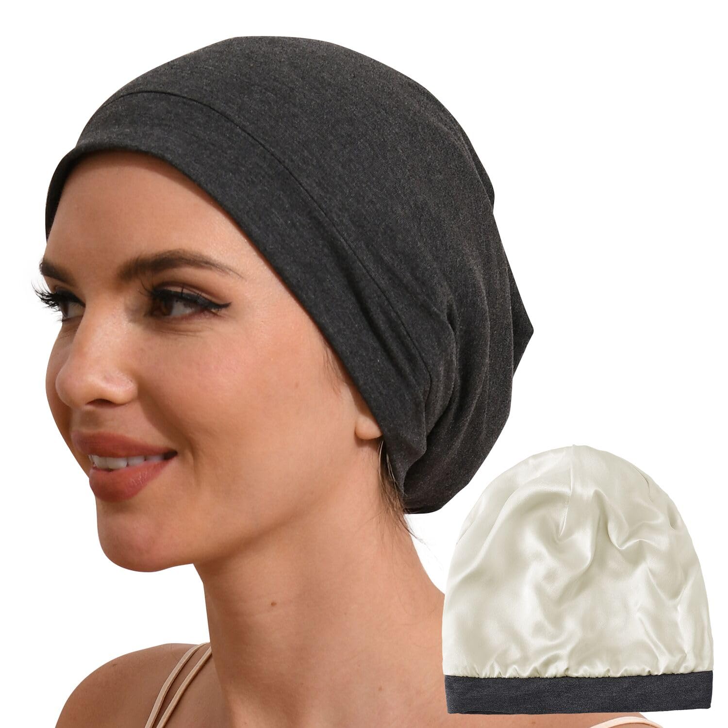 Hat Hut 100% Mulberry Silk Lined Sleep Cap Pure Silk Bonnet for Curly Hair Wrap Bonnet for Sleeping Slouchy Beanie (Grey)