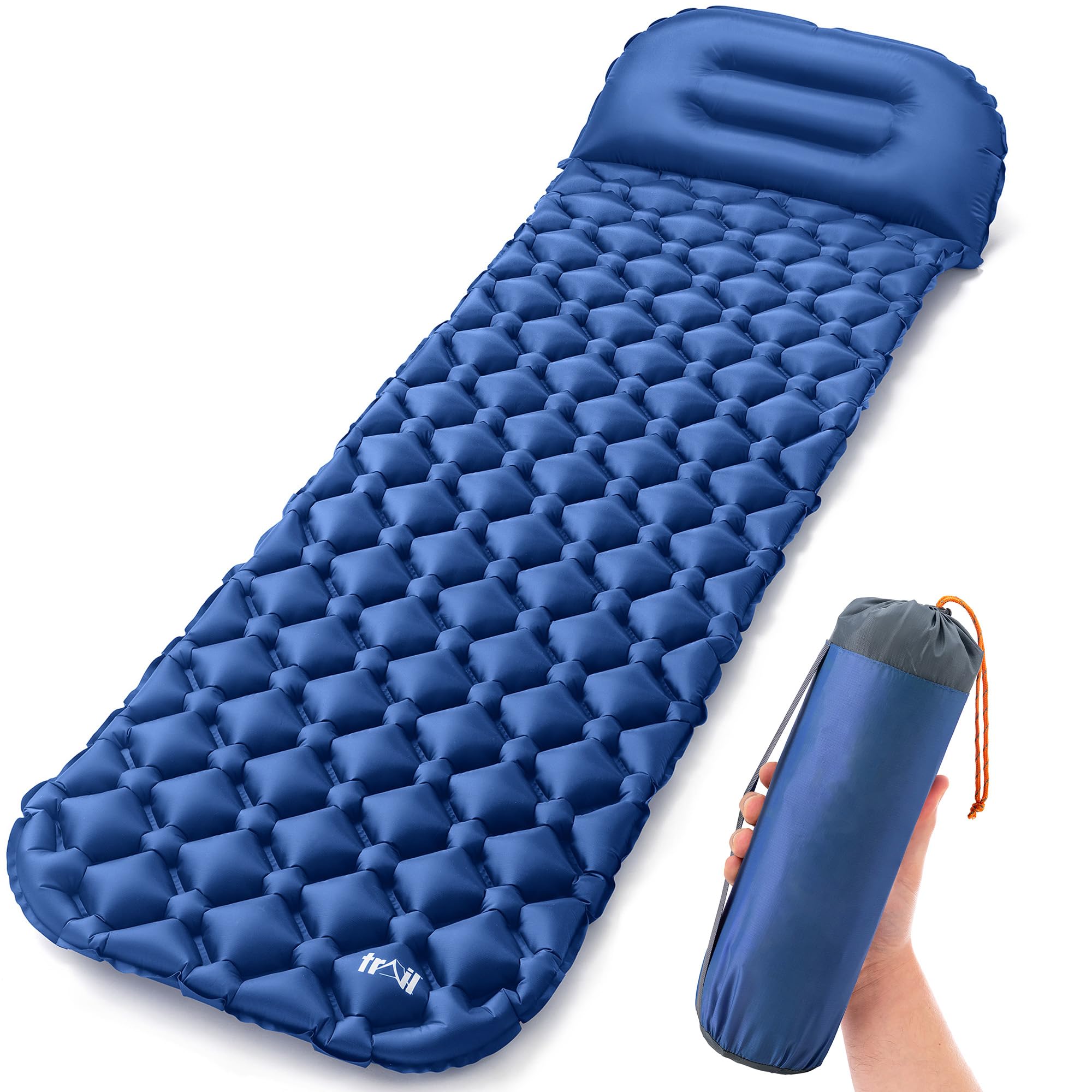 Lightweight Sleeping Mat With Pillow, Ultra Light Inflatable Camping Pad, Outdoor Hiking Backpacking Festival Air Mattress, Waterproof TPU, 190cm x 56cm x 5.5cm, 520g (Blue)