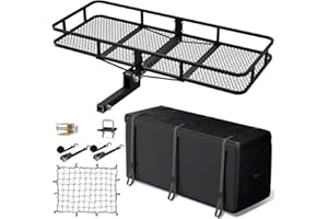 AKHAL-TEKE Hitch Cargo Carrier Basket Combo 60" x 24" x 6" 500 LBS Capacity Vehicle Baskets Fits 2" Receiver with 18.2 Cubic feet Cargo Bag, Hitch Stabilizer, Cargo Net and Ratchet Straps