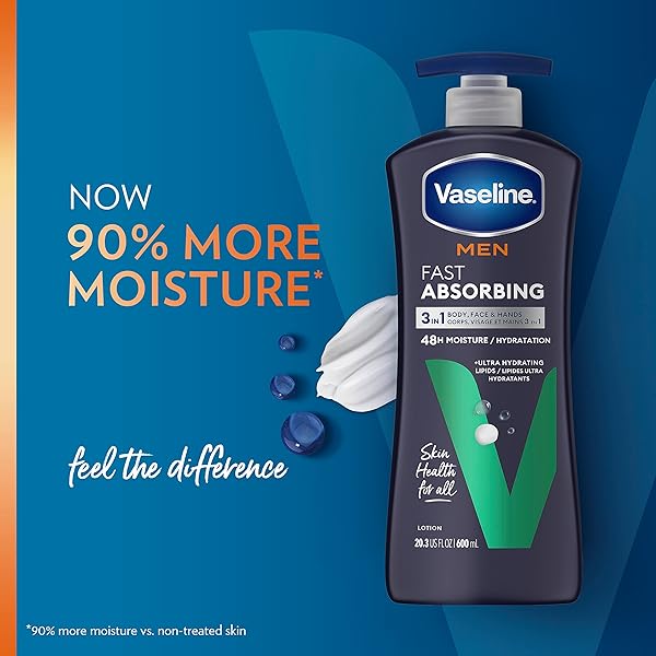 VASELINE MEN FAST ABSORBING 3-IN-1 FACE, HANDS & BODY LOTION FOR MEN, FOR DRY SKIN, ABSORBS IN JUST 15 SECONDS FOR MOISTURIZED SKIN 20.3 OZ