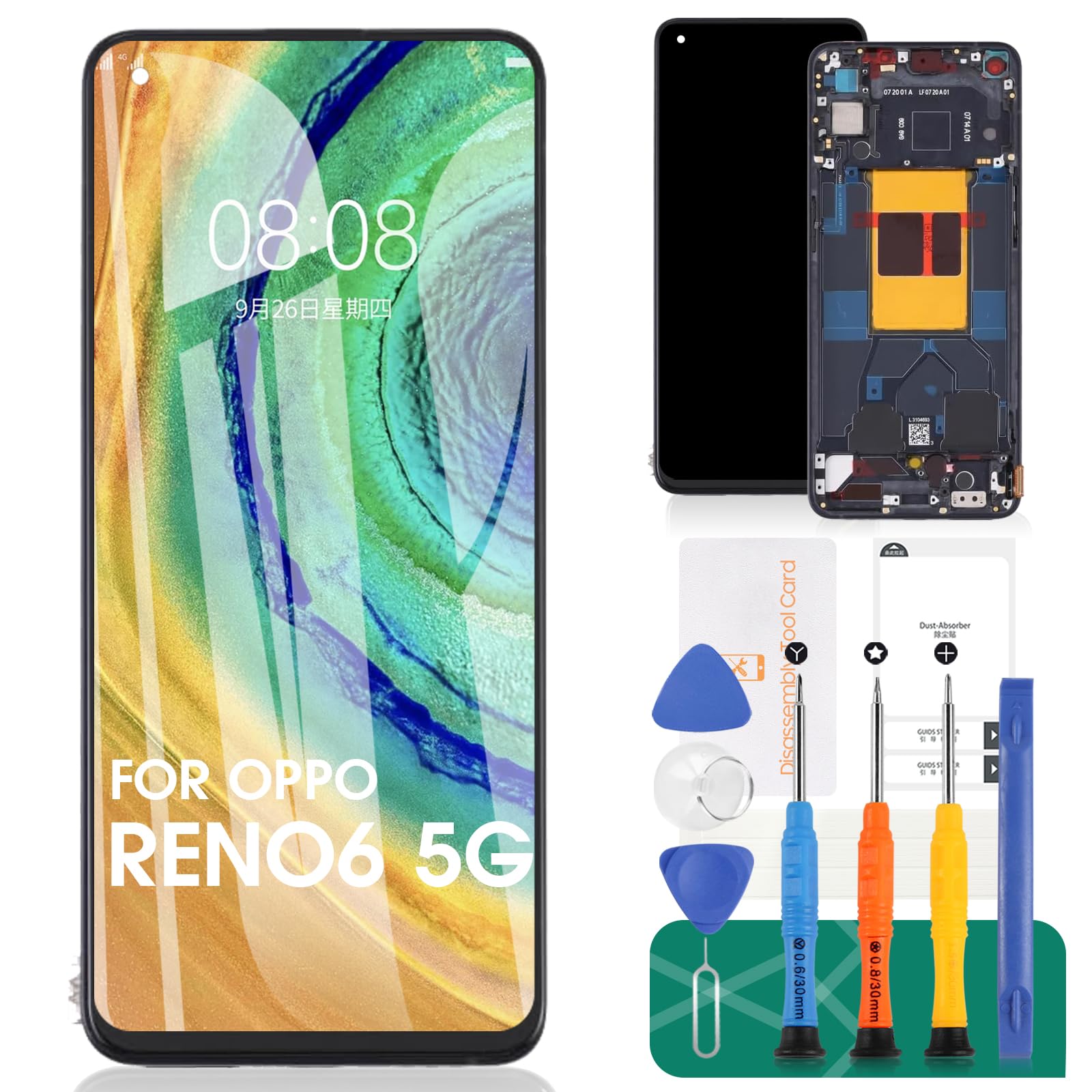 OLED For Oppo Reno6 / Reno 6 5G LCD Display Screen Replacement For OPPO PEQM00, CPH2251 Touch Digitizer Kits With Frame (Black,With Fingerprint,Not For 4G)