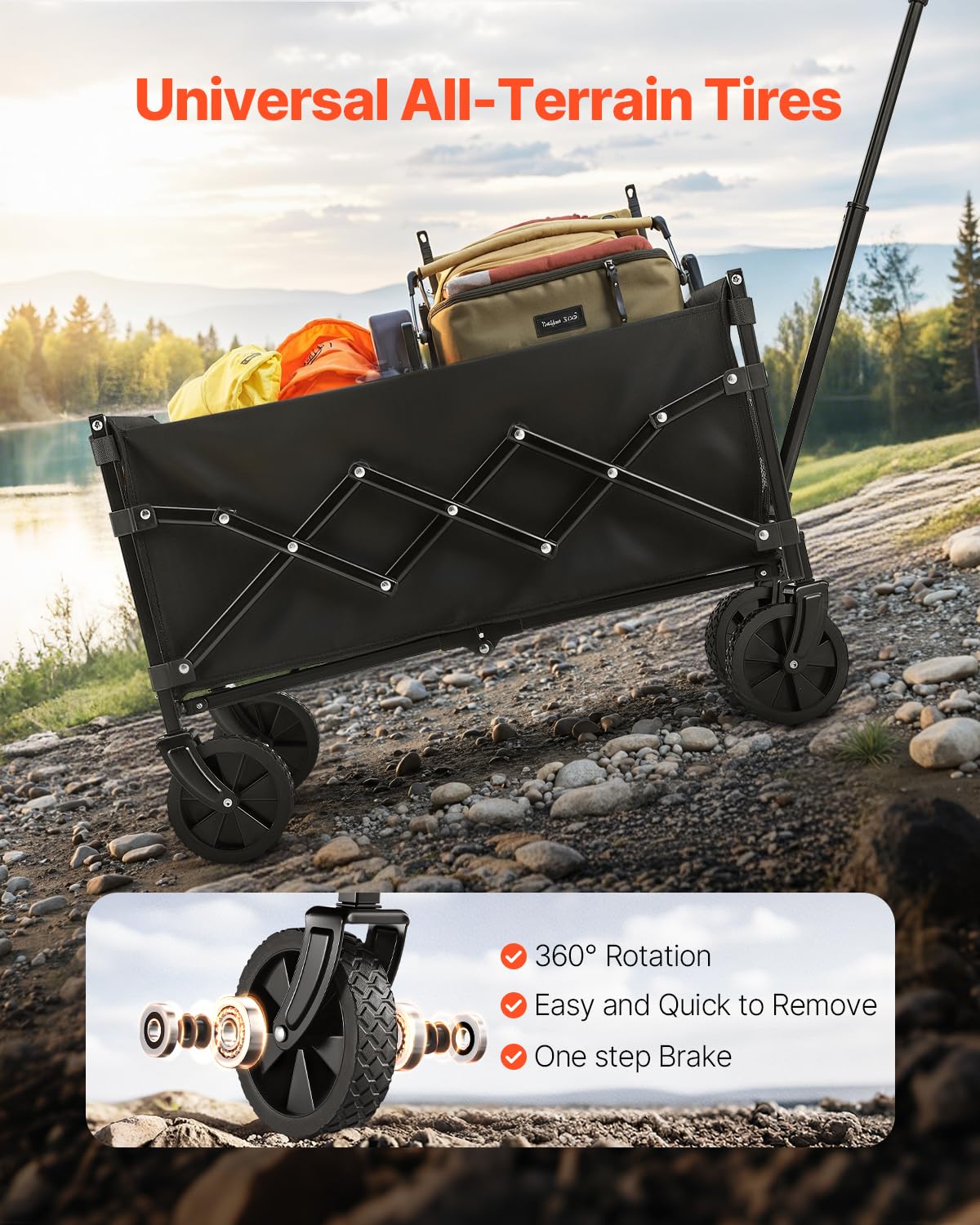 VEVOR Bollerwagen 66x45x46 cm, 102 kg Faltbarer Transportwagen mit Geländerädern, Outdoor-Allzweckwagen mit verstellbarem Griff, Campingwagen für Strand, Lebensmittelgeschäft, Garten, Schwarz 5