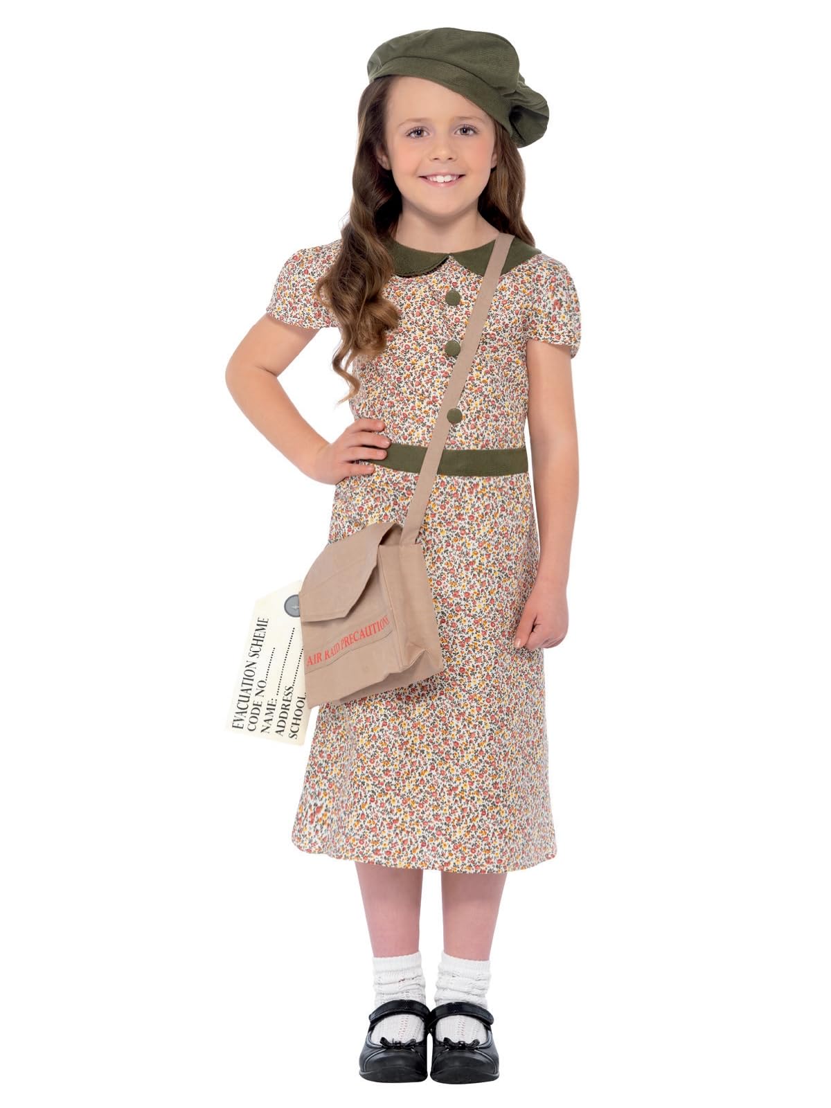Smiffys Evacuee Girl Costume, Patterned with Dress, Satchel, ID Tag & Beret, Fancy Dress, Child Dress Up Costumes