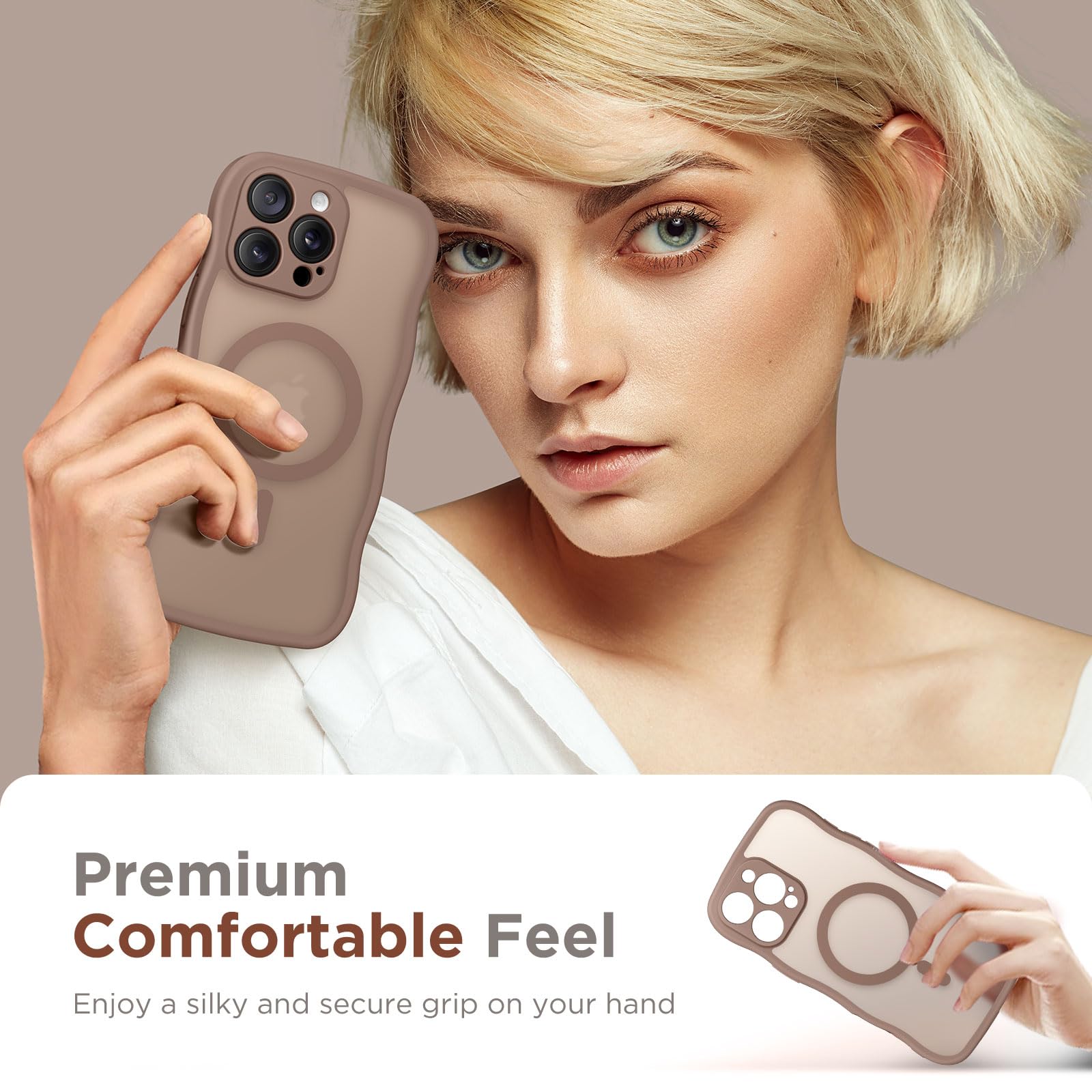 CAPRARO for iPhone 16 Pro Max Case for Women Girls, Upgraded [Full Camera Protection] [Compatible with MagSafe] Cute Wave Translucent Matte Phone Case for iPhone 16 Pro Max, Brown