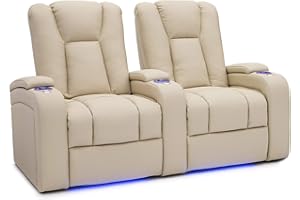 Seatcraft Serenity Leather Home Theater Seating - Living Room - Power Recline - Tray Tables - in-Arm Storage - Ambient Base Lighting and Lighted Cupholders (Row of 2, Cream)