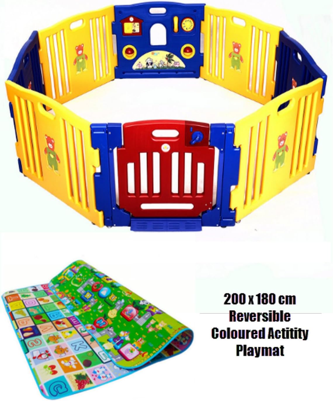 Baby Playpen 8 Bright and Colourful 100% Safe, Non Toxic Heavy Duty Interlocking Plastic Panels - Playpanel with 6 Activities - Soft Foam Double-Sided Educational Activity Play Mat - Hours of Fun