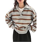 Milumia Women's Y2k Striped Knit Rugby Sweater Long Sleeve Button Collared Oversized Pullover Tops