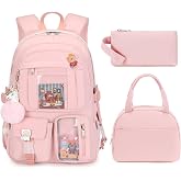 LXYGD Laptop Backpacks 16 Inch School Bag College Backpack 3 PCS with Lunch Box Pencil Pouch Set Large Travel Daypack Kawaii Bookbags for Teens Girls Women Students (Pink)