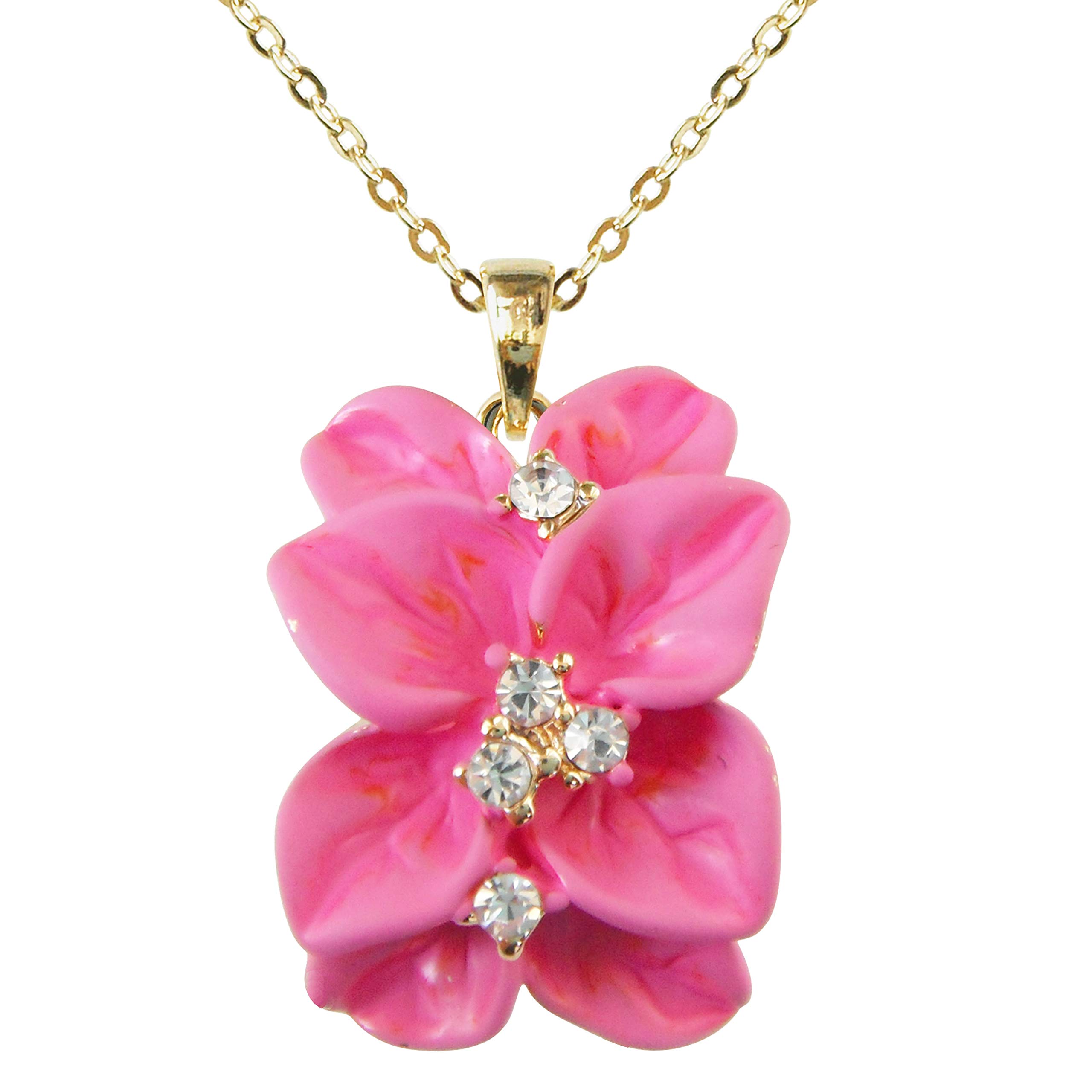 Navachi 18k Gold Plated Clear Crystal Pink Enamel Leaves Flower Az6079p Pendant Necklace 16"+2"