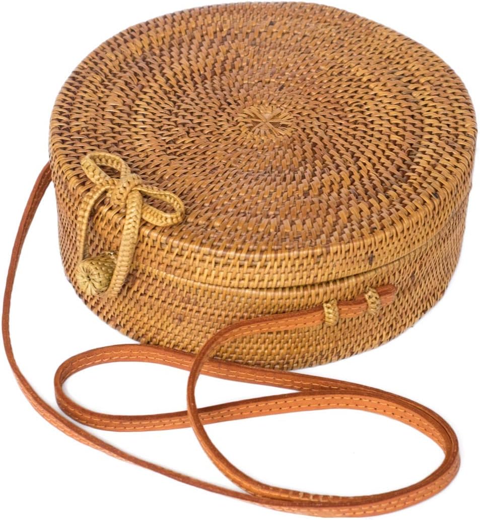 Bali Harvest Handwoven Round Woven Ata Rattan Bag Colorful Batik Linen Inside (with Genuine Leather Strap)