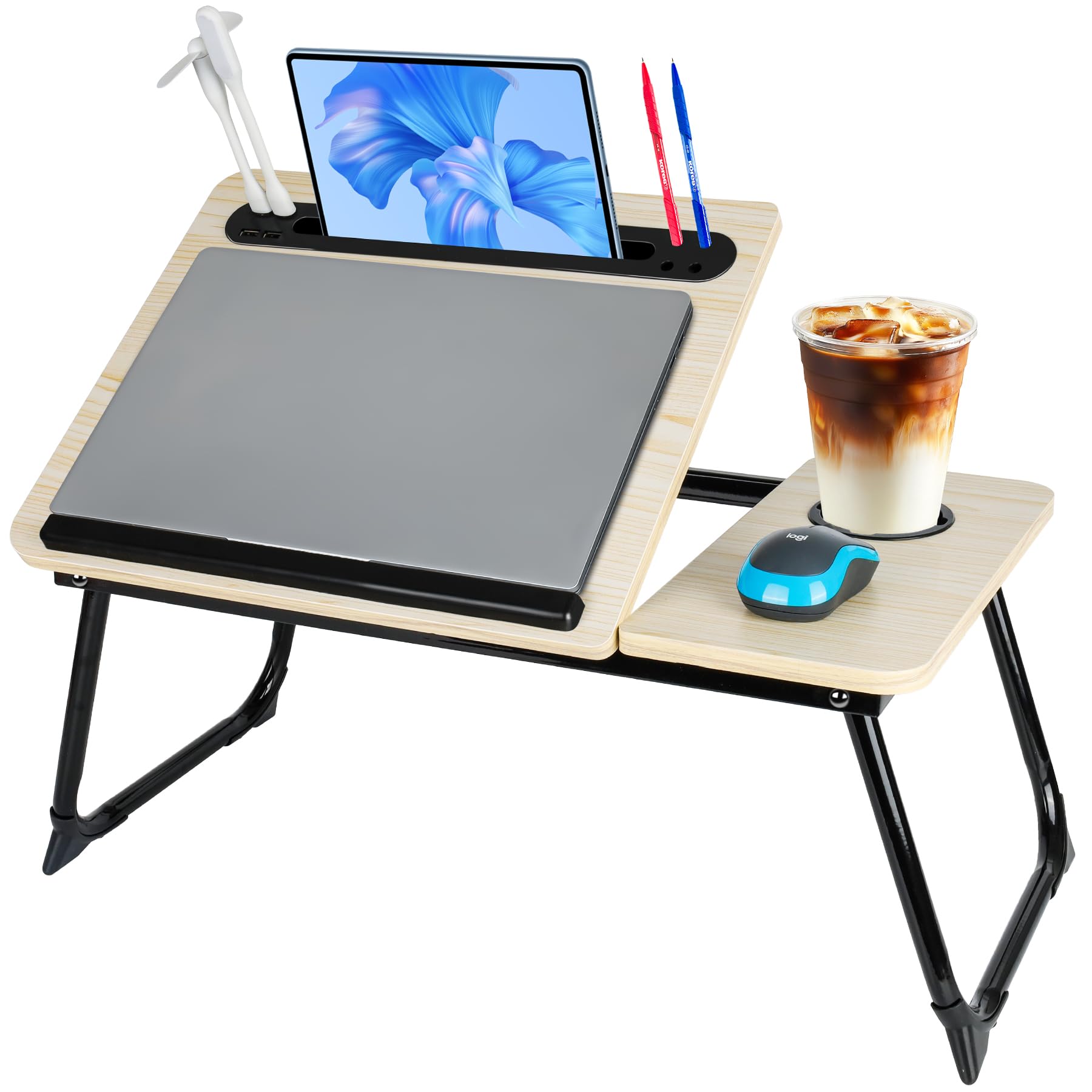 Photo 1 of Laptop Bed Desk, Adjustable Lap Desk, Small Laptop Table with USB Charge Port, Desktop Card &Pen Slot, Cup Holder, Foldable Bed Tray Table for Couch Sofa Chair Floor Eating Working