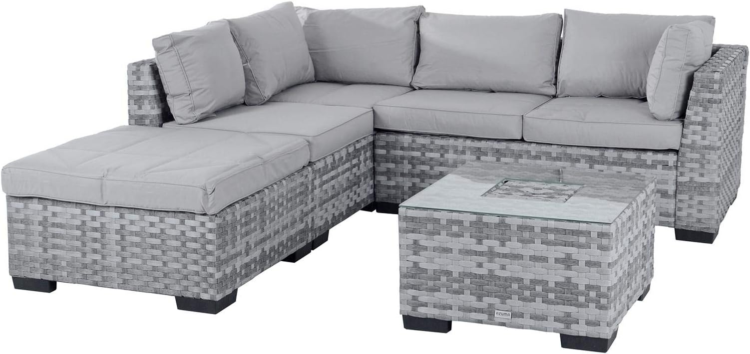 Azuma Cannes Rattan Garden Furniture Corner Sofa Set Outdoor Seating With Cushions Storage Ottoman Footrest Coffee Table & Ice Bucket For Patio Decking Conservatory Summer Summertime BBQ Party Grey