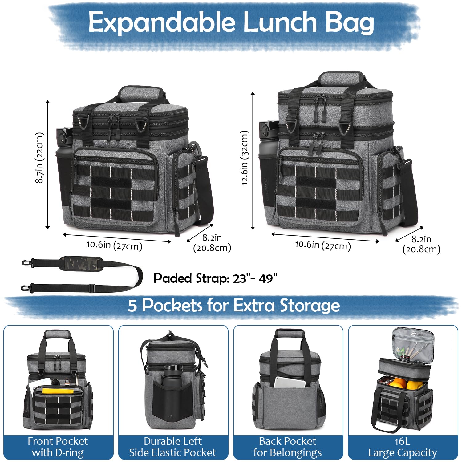 Condition photo showing New/Like New for bisklndn tactical lunch box cooler bag for men, large insulated lunch bag for men, double deck expan