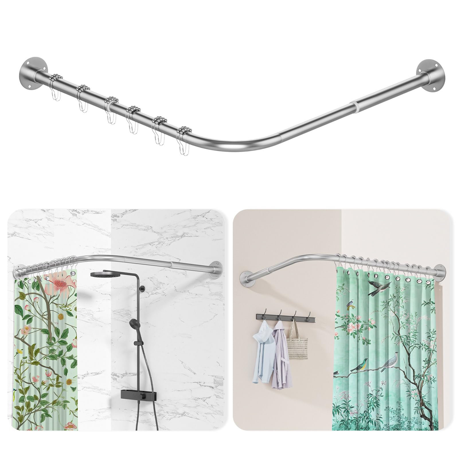 L Shaped Shower Curtain Rail, [60-135cm] x [60-135cm] Adjustable Corner Shower Curtain Rod, Wall Mounted Curved Shower Rail With 12 Rings & Ceiling Support For Bathroom, Need Drilling, Silver
