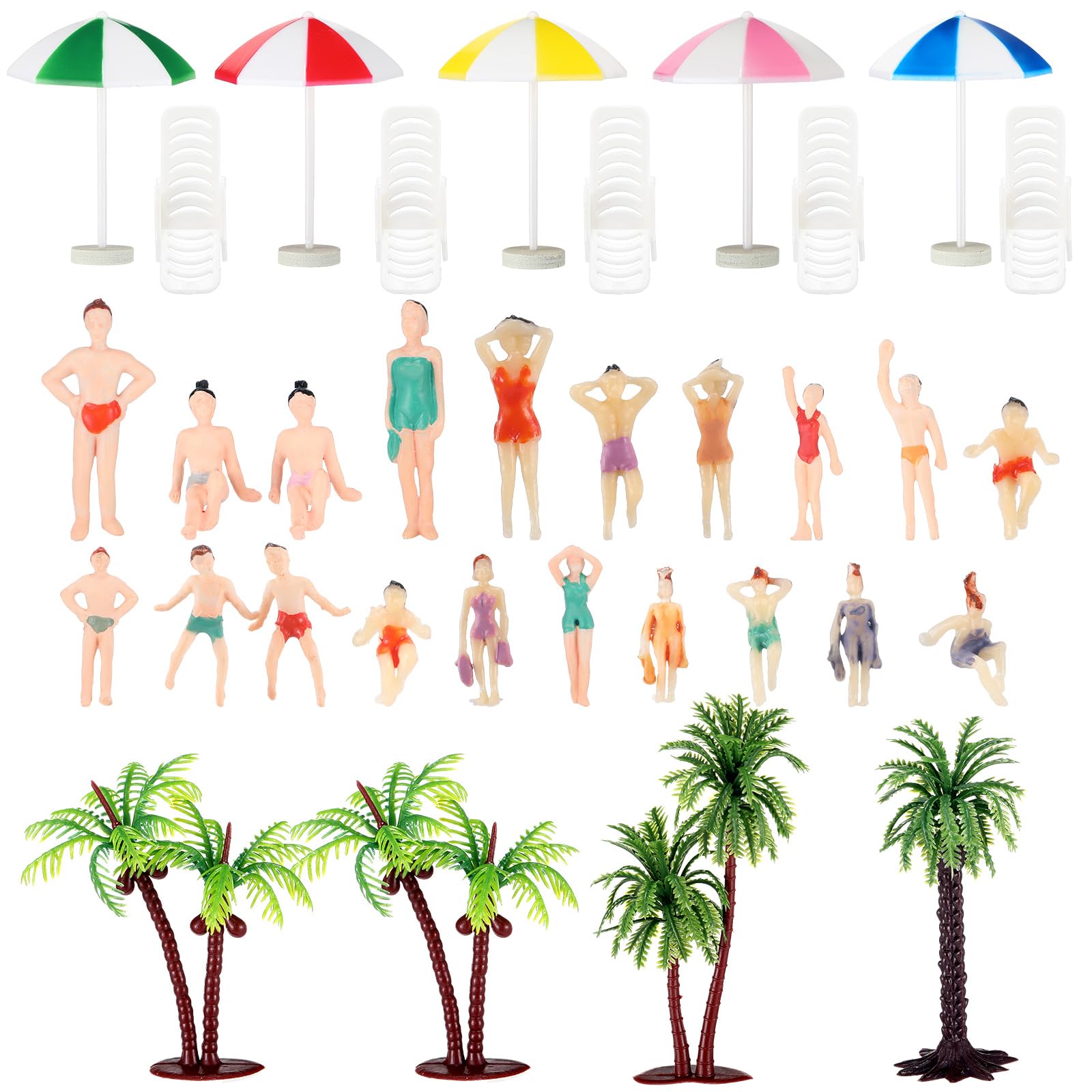 Photo 1 of Lunmon 29 Pcs Beach Miniature Decoration Mini Painted People Plastic Miniature Sunshade with Chair DIY Accessories for Yard, Garden, Swimming Pool, Furniture, and Photography Craft Prop Home Decor