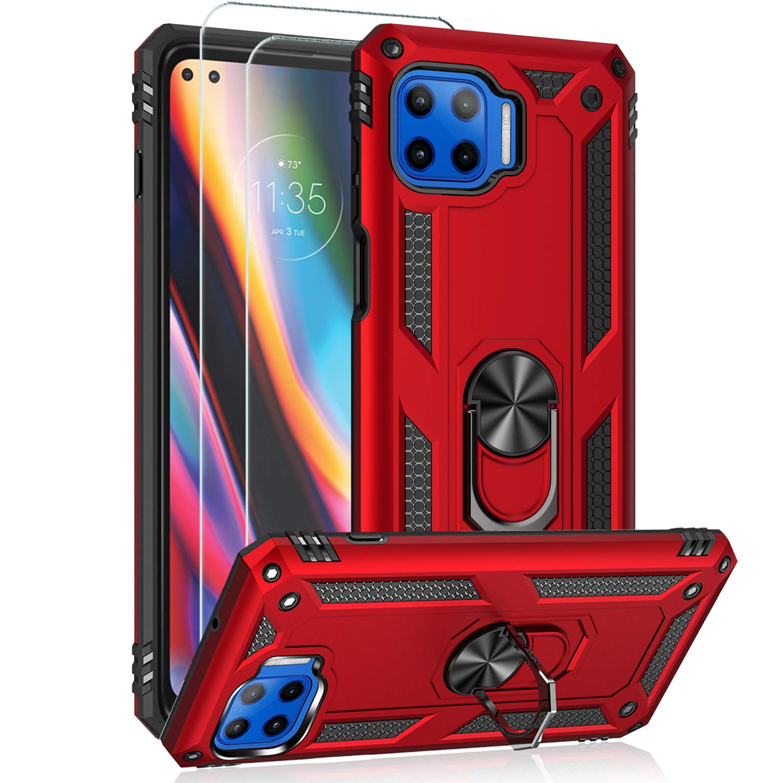 Androgate Compatible with Moto One 5G Case - Motorola One 5G UW Tempered Glass Screen Protector with Military-Grade Metal Ring Kickstand - 16ft Drop Tested Shockproof Cover - Red