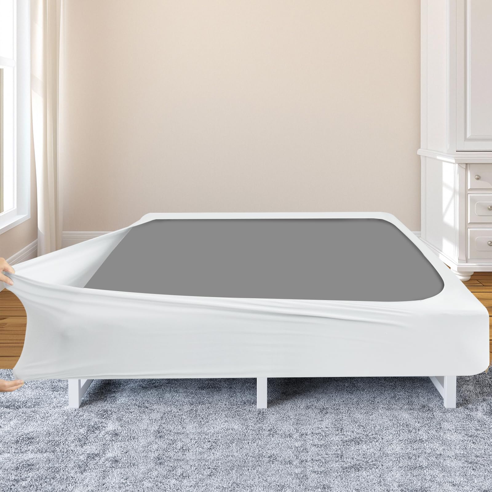 Photo 1 of Box Spring Cover King Size - Jersey Knit & Stretchy Wrap Around 4 Sides of The Box Spring, Alternative for Bed Skirt, Ultra Soft, Wrinkle & Fading Resistant, White
