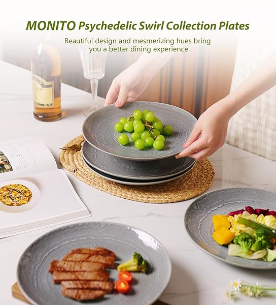 MONITO CERAMIC DINNER PLATES SET OF 6,10.5 INCH REACTIVE GLAZE PORCELAIN PLATES, DINNERWARE DISHES SET FOR KITCHEN,MICROWAVE,DISHWASHER, PSYCHEDELIC GREY