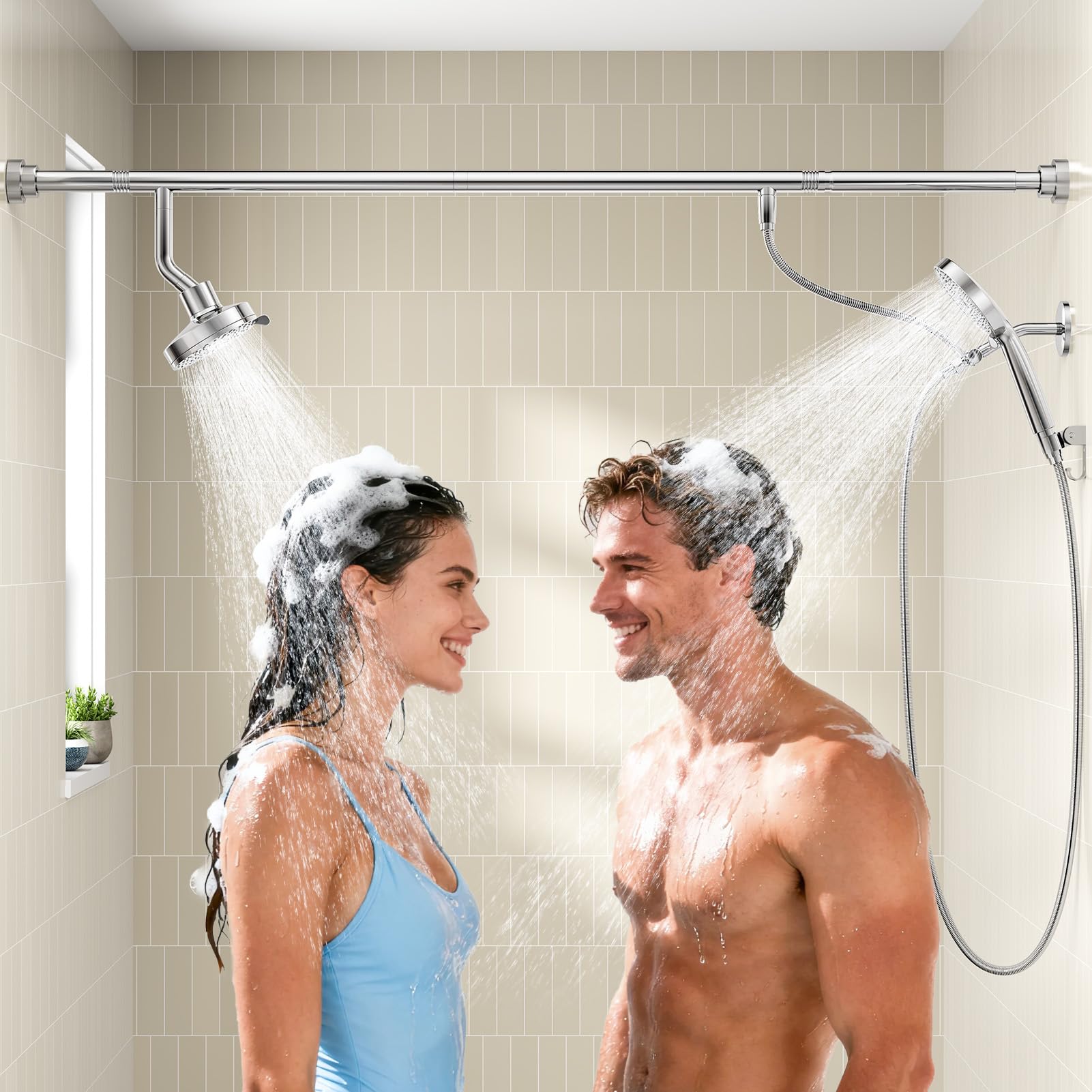 Photo 1 of NTPN Dual Shower Head with Handheld for Couples, High Pressure Double Shower Heads for Two People Rod, Two Showerhead System Fit 2 Person, Gifts for Women Men, SPA-Like (Chrome, Segmented Design)