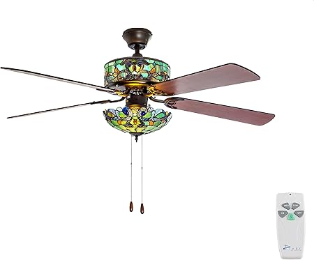 52 W Tiffany Style Stained Glass Magna Carta Ceiling Fan Teal