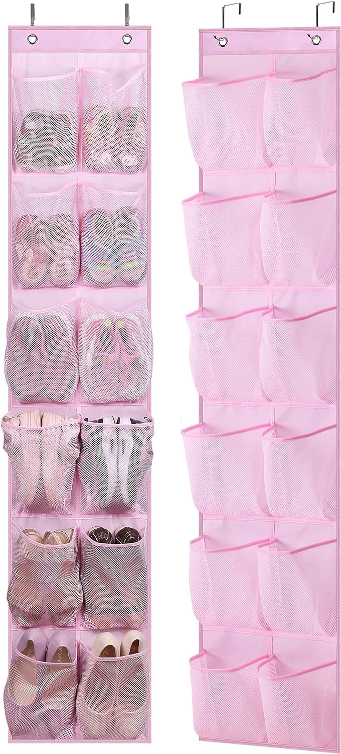MISSLO Kids Over the Door Hanging Shoe Storage Narrow Shoe Organiser Rack with 12 Mesh Pockets Door Organizer for Girl Women Men Baby for Nursery Bathroom Closet Holder Hanger, 2 Packs, Pink