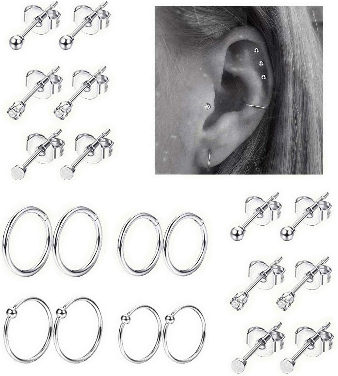 REVOLIA 10Pairs Stainless Steel Cartilage Earrings for Men Women Stud Earrings Ball CZ Tragus Helix Piercing