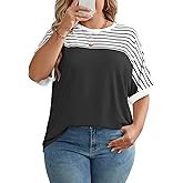 LUYAA Womens Plus Size Tops Short Sleeve Shirts V Neck Tunic Striped Blouses Black XL-5X