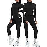 OMKAGI Workout Sets for Women Booty Leggings Matching Zipup Jacket Gym Outfits with Pockets