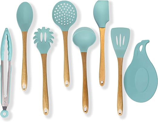 Lot De 8 Ustensiles De Cuisine En Silicone De Qualite Superieure Avec Poignees En Bois Naturel