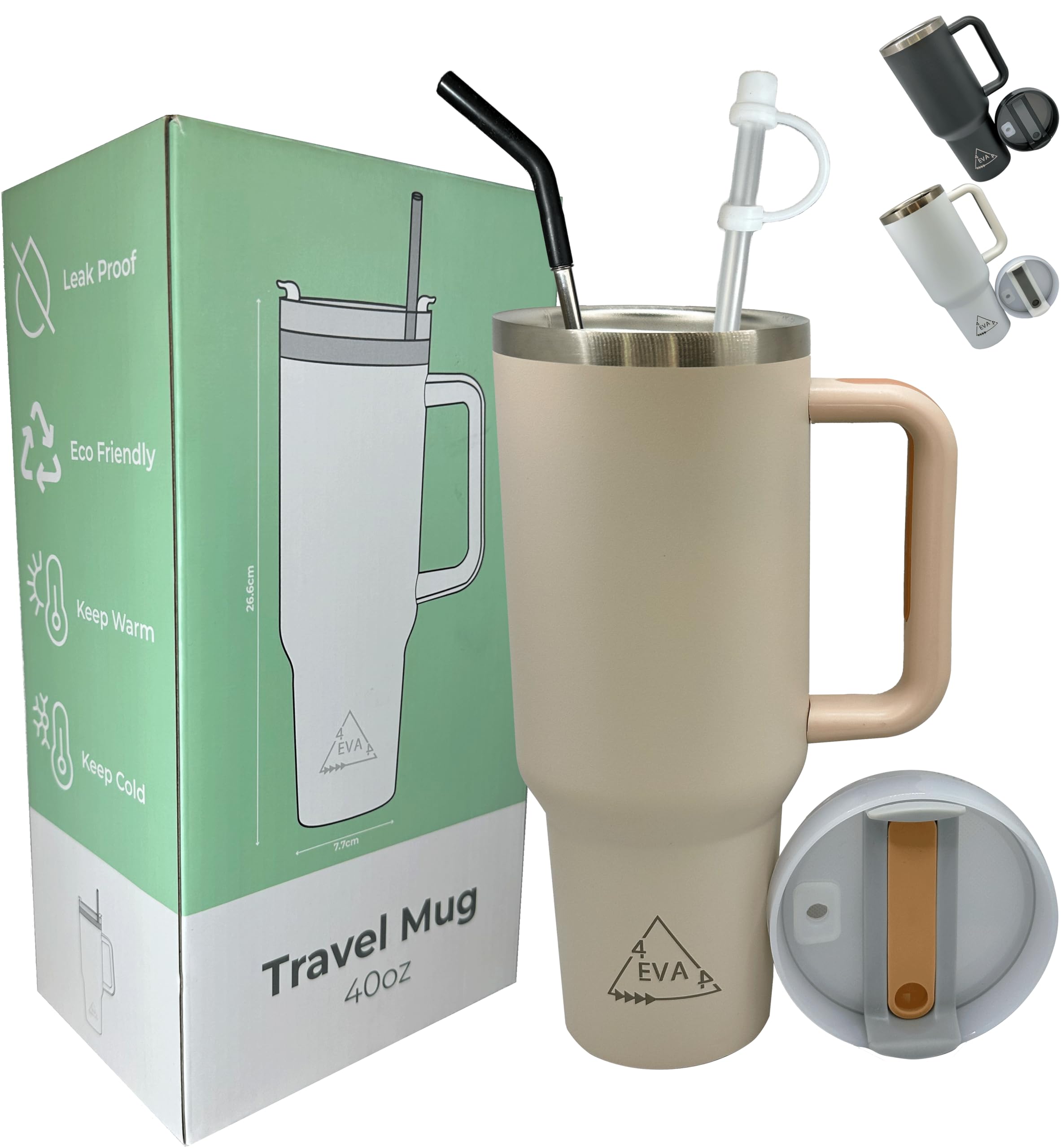 4EVA4 1182ml Travel Mug 40oz Tumbler with Straw and Lid, Stainless Steel Double Wall Vacuum Insulated Coffee Mug for Hot and Cold Coffee, Travel Mug with Handle, Coffee Mug for On The Go (Pink)