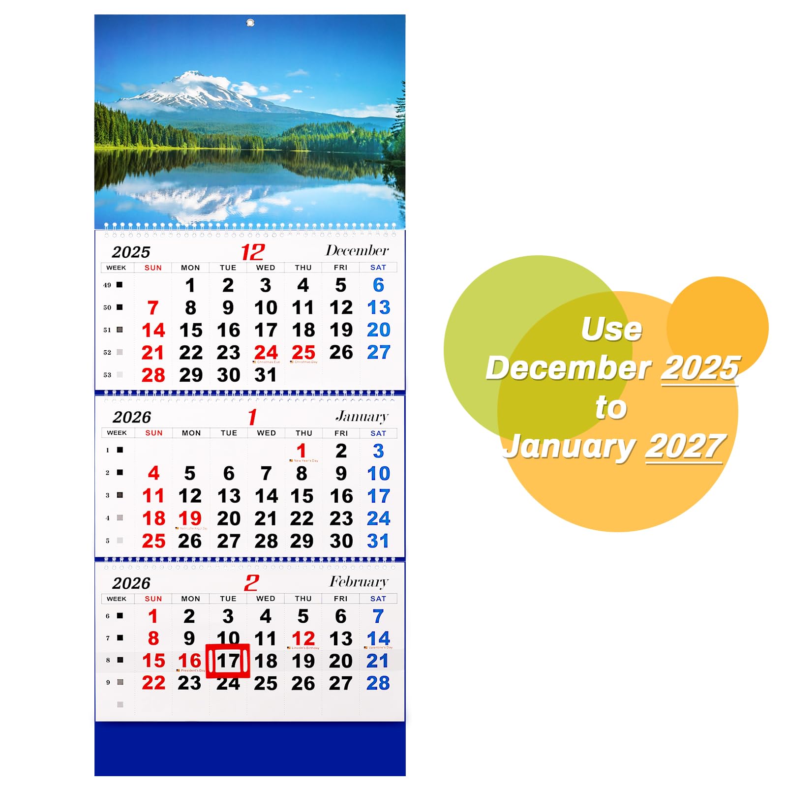 Whchiy Wall Calendar 2026 3 Month Display Vertical Calendar 13.2" x 32.7" Dec 2025 to Jan 2027 Monthly Planner for Daily Organizing and Planning