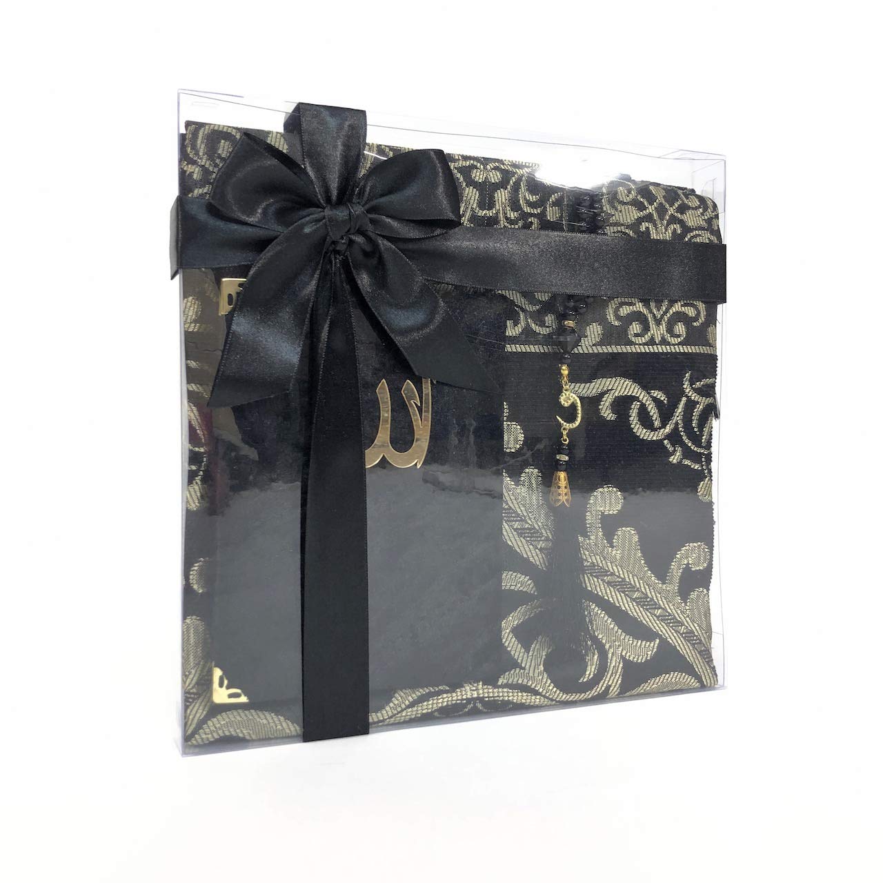 Tekbir’s Islamic Gift box contains a Prayer Mat, Surah book, and tasbeeh beads, suitable as an Eid gift or gift for all occasions order now (Black)
