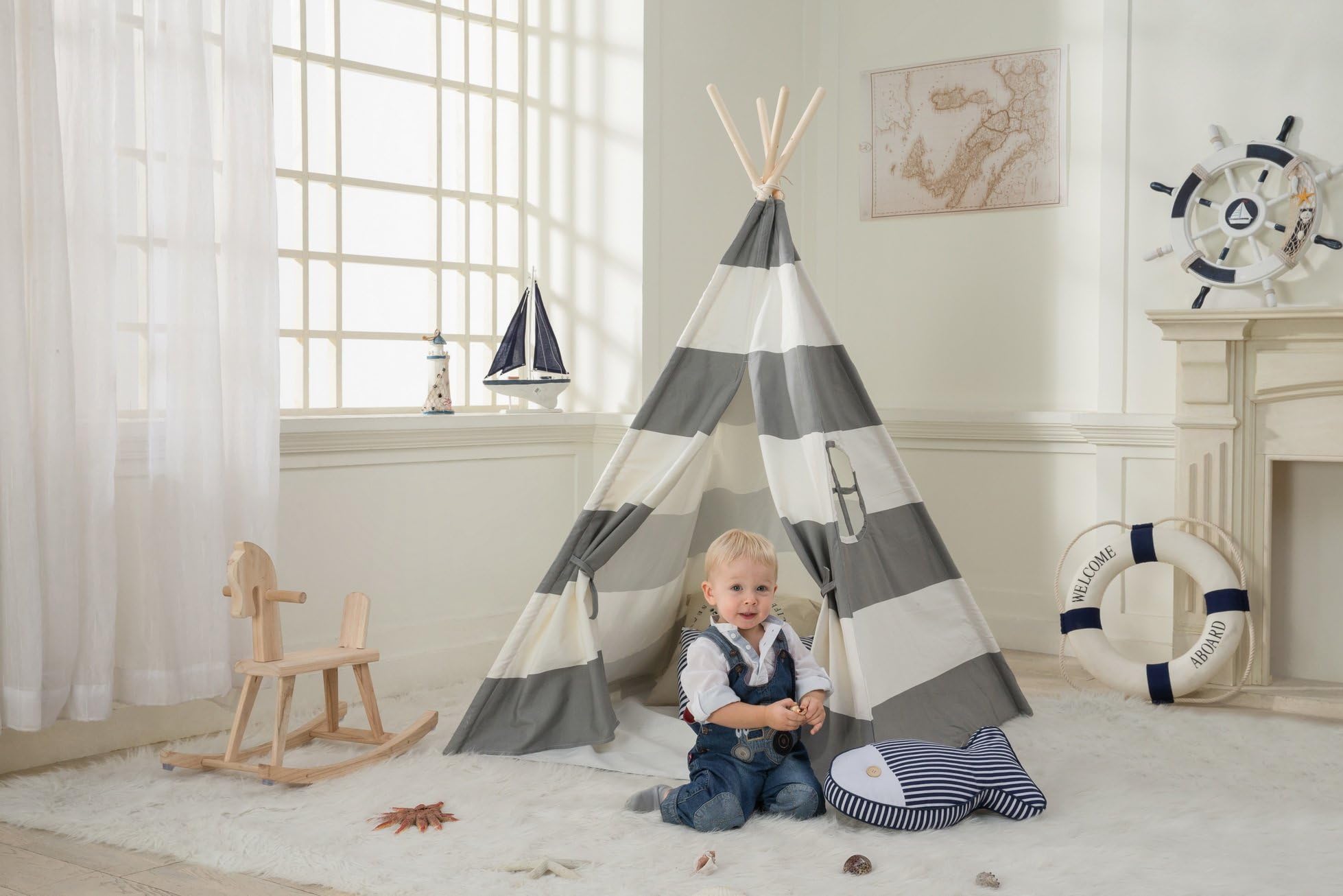 DeceStar Gray Teepee Tent for Kids - 100% Natural Cotton Canvas Play Tent for Kids - Come with Mattress and Carrying Bag