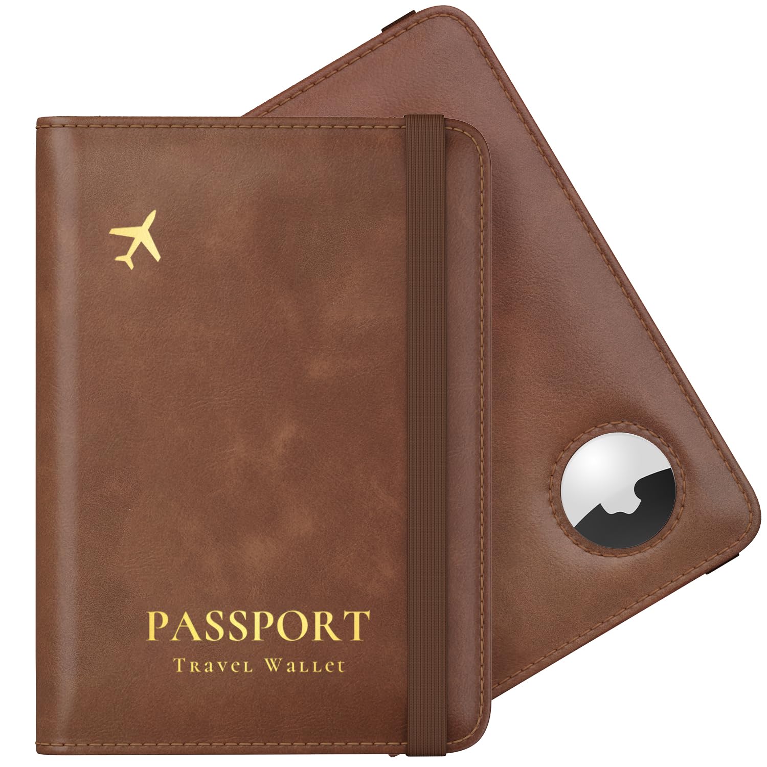 Photo 1 of Stouchi AirTag Passport Holder, RFID Passport Holder with Airtag Slot, Multiple Passport Wallet Cover for Men, Leather Passport Case, Anti-Lost Waterproof Travel Accessories, Brown