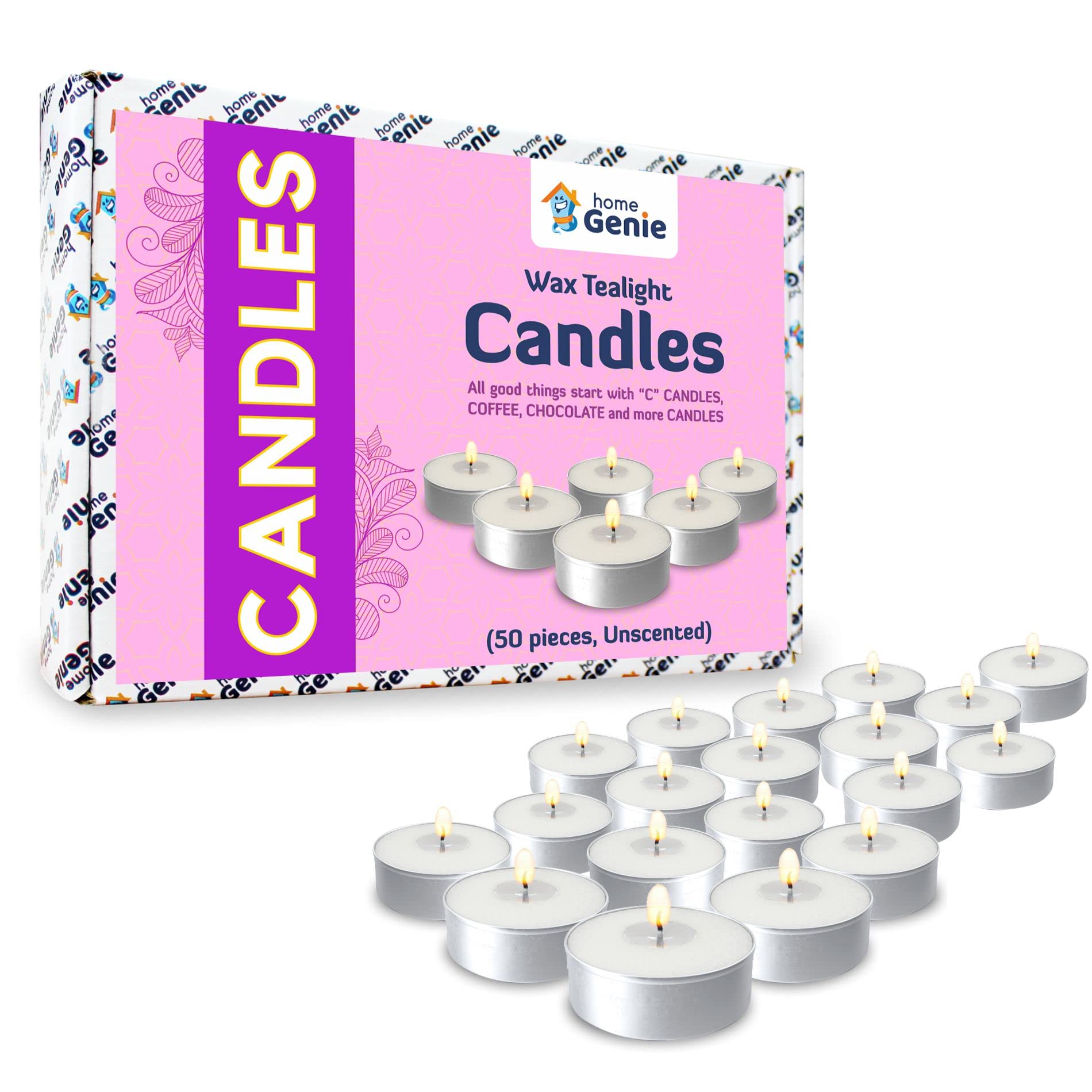 Home Genie Unscented Candles White Tealights Long Burn Time Tealight, Smokeless, Dripless, Paraffin Wax Candles for Home, Sleep & Aromatherapy - Pack of 50