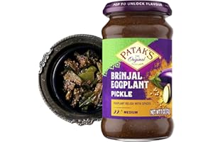PATAK'S Patak’s Brinjal Eggplant Pickle - Medium Heat Spicy Indian Pickle Relish w/Mustard Seeds, Garlic & Aromatic Spices - Vegan & Gluten-Free Indian Eggplant Achar - Ready to Serve - 11oz Jar (Pack of 1)