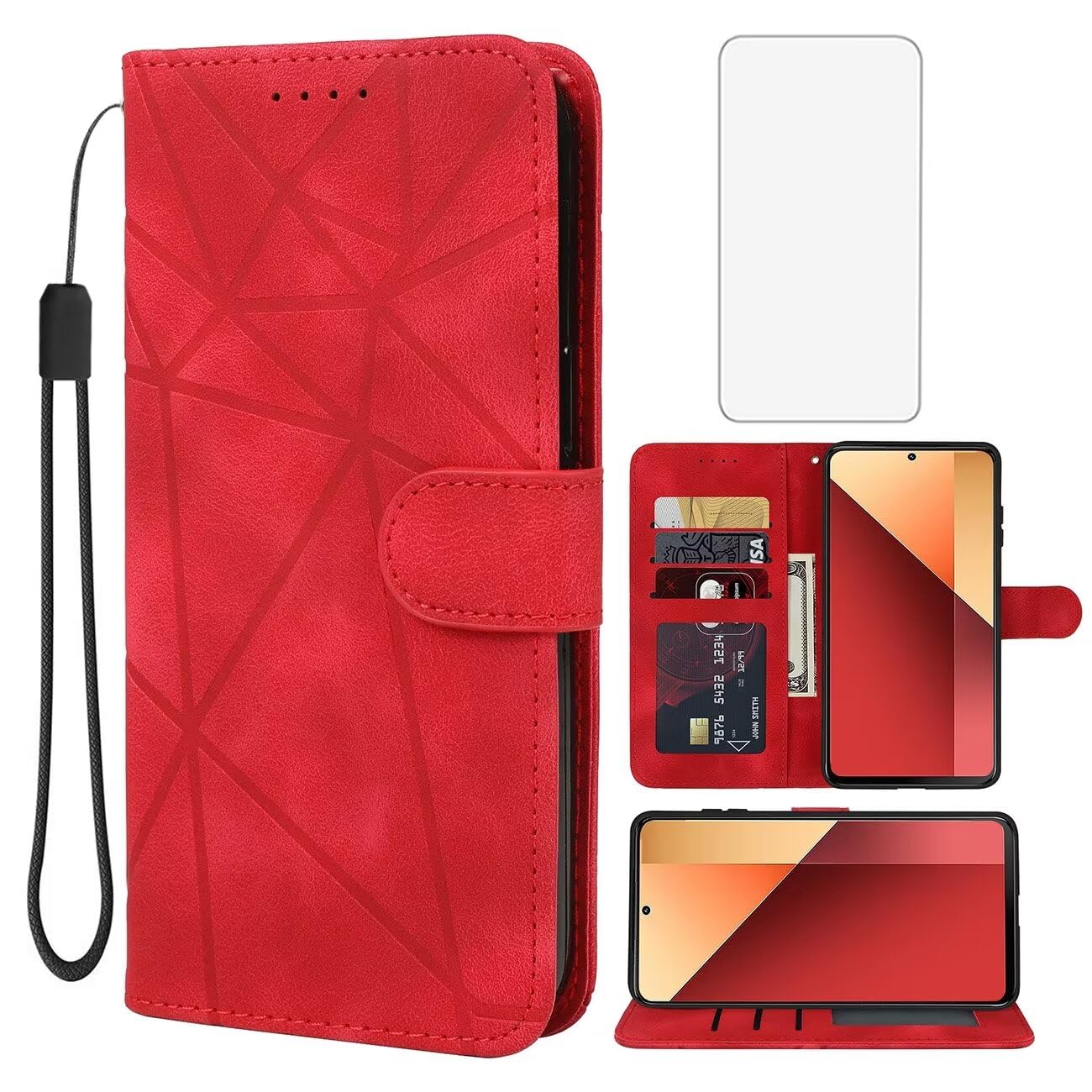 Wanyuexes Red Case for Redmi Note 13 Pro 4G / Poco M6 Pro 4G, Luxury Music Flip Wallet Case with Tempered Glass Screen Protector, Kickstand, Card Holder