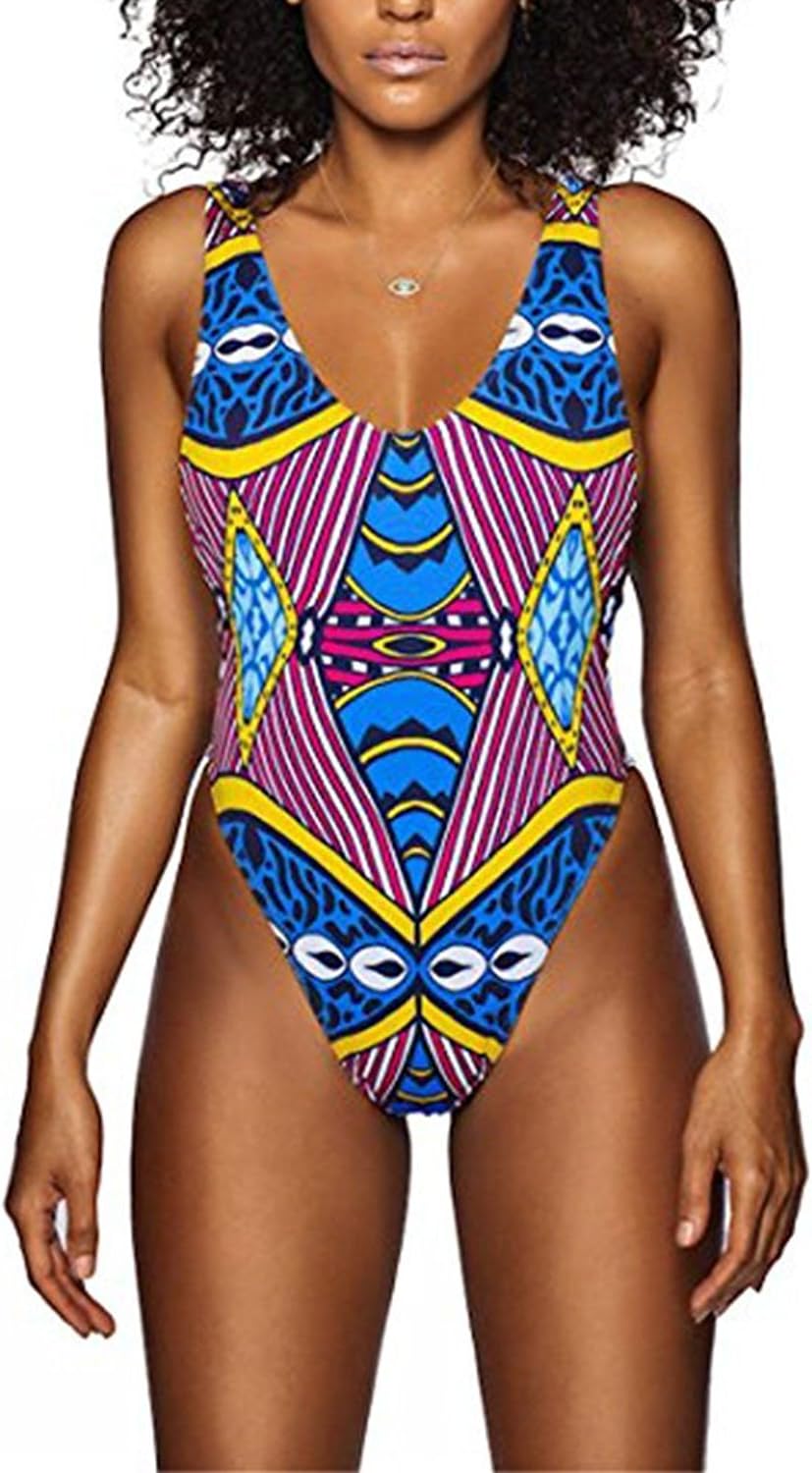 MIMY Womens Sexy African Print Swimsuits Backless High Cut 1 Piece Bathing Suit